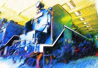 illust, material, livram, paisagem, quadro, pintura, lpis de cor, creiom, puxando,Uma locomotiva a vapor, locomotiva a vapor, trem, roda motriz, Carvo