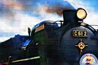 illust, matire, libre, paysage, image, le tableau, crayon de la couleur, colorie, en tirant,La fume noire de la vapeur locomotif, vapeur locomotif, train, roue motrice, Charbon