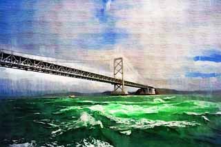 illustration,material,free,landscape,picture,painting,color pencil,crayon,drawing,Naruto Whirlpools, bascule bridge, suspension bridge, An ocean current, Traffic