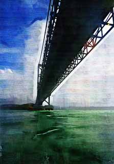 illustration,material,free,landscape,picture,painting,color pencil,crayon,drawing,Naruto Channel, bascule bridge, suspension bridge, An ocean current, Traffic