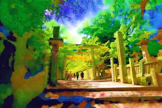 illust, matire, libre, paysage, image, le tableau, crayon de la couleur, colorie, en tirant,Kompira-san approche de Temple  un temple, Temple shintoste temple bouddhiste, torii, escalier de pierre, Shintosme