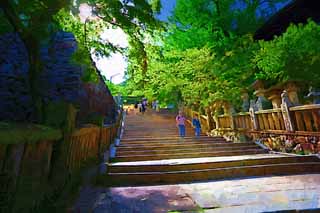 illustration,material,free,landscape,picture,painting,color pencil,crayon,drawing,Kompira-san Shrine approach to a shrine, Shinto shrine Buddhist temple, torii, stone stairway, Shinto