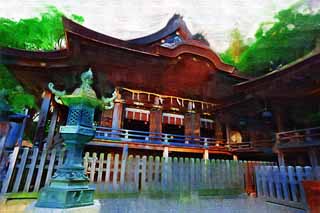 Illust, materieel, vrij, landschap, schilderstuk, schilderstuk, kleuren potlood, crayon, werkje,Kompira-san Shrine Hongu, Shinto heiligdom Boeddhist tempel, De grote wedstrijd opperhoofd godheid, Van hout gebouw, Shinto