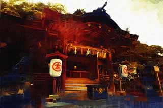 illustration,material,free,landscape,picture,painting,color pencil,crayon,drawing,Three Kompira-san Shrine ear Tsu princesses Corporation, Shinto shrine Buddhist temple, lantern, wooden building, Shinto