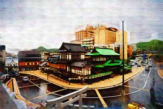 illust, materiale, libero panorama, ritratto dipinto, matita di colore disegna a pastello, disegnando,Dogo Onsen, stabilimento balneare, tetto, nascondiglio di bamb, yukata