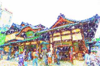 illust, materiell, befreit, Landschaft, Bild, Gemlde, Farbbleistift, Wachsmalstift, Zeichnung,,Dogo Onsen, Badehaus, Dach, Bambusjalousie, yukata