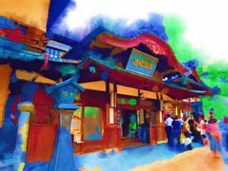 illust, materiell, befreit, Landschaft, Bild, Gemlde, Farbbleistift, Wachsmalstift, Zeichnung,,Dogo Onsen, Badehaus, Dach, Bambusjalousie, yukata