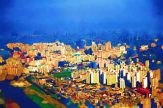 illust, material, livram, paisagem, quadro, pintura, lpis de cor, creiom, puxando,Grupo construindo de Seul, construindo, Uma fotografia area, morando complexo, Um edifcio comercial