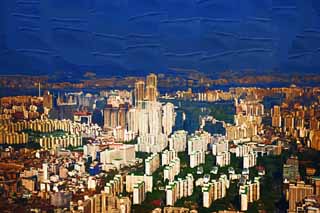 illust, material, livram, paisagem, quadro, pintura, lpis de cor, creiom, puxando,Grupo construindo de Seul, construindo, Uma fotografia area, morando complexo, Um edifcio comercial