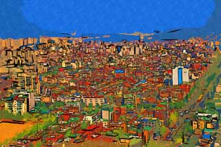 illust, material, livram, paisagem, quadro, pintura, lpis de cor, creiom, puxando,Uma rea residencial de Seul, construindo, Uma fotografia area, morando complexo, casa