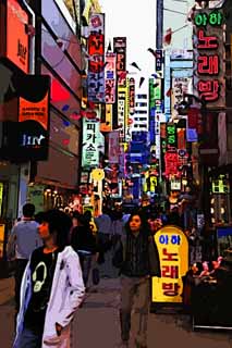 illustration,material,free,landscape,picture,painting,color pencil,crayon,drawing,Row of houses along a city street of Myondong, Neon, crowd, restaurant, street