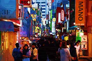 illust, materiell, befreit, Landschaft, Bild, Gemlde, Farbbleistift, Wachsmalstift, Zeichnung,,Toerbeurt Van huizen mee een stad straat Van Myondong, Neon, Menge, Restaurant, Strae