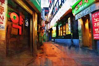 illust, matire, libre, paysage, image, le tableau, crayon de la couleur, colorie, en tirant,Ligne de maisons le long d'une rue de ville de Myondong, Non, pharmacie, restaurant, rue