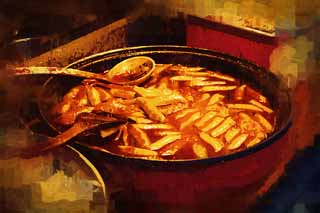 illust, material, livram, paisagem, quadro, pintura, lpis de cor, creiom, puxando,Toppokki, Tteok, Arte culinria de pessoas comum, Pasta de feijo salgada, Canela Dan Don