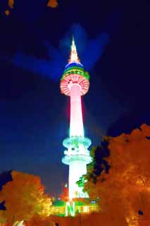 illust, materiell, befreit, Landschaft, Bild, Gemlde, Farbbleistift, Wachsmalstift, Zeichnung,,N toren in het Seoel, Ein elektrischer Wellenturm, N Seoul-Turm, Nachtsicht, Rot