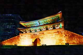 illust, materiell, befreit, Landschaft, Bild, Gemlde, Farbbleistift, Wachsmalstift, Zeichnung,,Namdaemun, Burgtor, Namdaemun, , Han-Burg