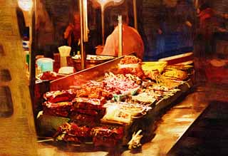 illust, materiale, libero panorama, ritratto dipinto, matita di colore disegna a pastello, disegnando,Una bancarella serale, bancarella, Sputare-arrostendo, Carne, Kimchi