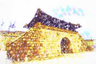 illustration,material,free,landscape,picture,painting,color pencil,crayon,drawing,A sinter west gate, castle, flag, brick, castle wall