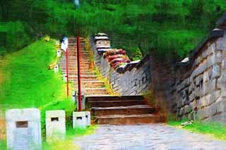 illustration,material,free,landscape,picture,painting,color pencil,crayon,drawing,The castle wall of Hwaseong Fortress, castle, stone pavement, tile, castle wall