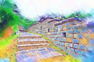 illustration,material,free,landscape,picture,painting,color pencil,crayon,drawing,The castle wall of Hwaseong Fortress, castle, stone pavement, tile, castle wall