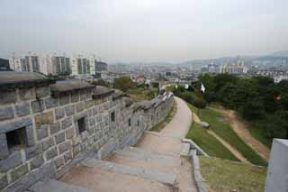 Foto, materieel, vrij, landschap, schilderstuk, bevoorraden foto,Het kasteel muur van Hwaseong Fortress, Kasteel, Stenige bestrating, Tichel, Kasteel muur