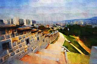 illust, material, livram, paisagem, quadro, pintura, lpis de cor, creiom, puxando,A parede de castelo de Fortaleza de Hwaseong, castelo, apedreje pavimento, azulejo, parede de castelo