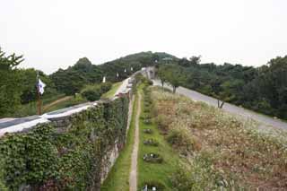 Foto, materiell, befreit, Landschaft, Bild, hat Foto auf Lager,Het kasteel muur Van Hwaseong Fortress, Burg, steinigen Sie Brgersteig, Ziegel, Burgmauer