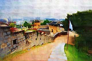 illustration,material,free,landscape,picture,painting,color pencil,crayon,drawing,A sinter west gate, castle, flag, brick, castle wall