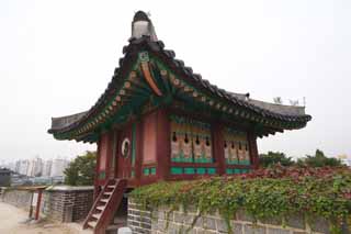 Foto, materieel, vrij, landschap, schilderstuk, bevoorraden foto, Sopo-ru van Hwaseong Fortress, Kasteel, Stenige bestrating, Tichel, Kasteel muur