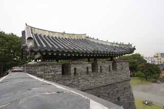 photo,material,free,landscape,picture,stock photo,Creative Commons,Kitanishi gun tower of Hwaseong Fortress, castle, stone pavement, tile, castle wall