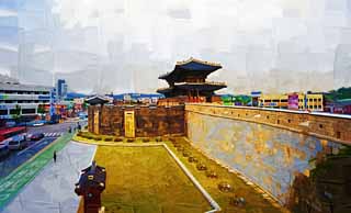 illustration,material,free,landscape,picture,painting,color pencil,crayon,drawing,The Chang'an gate, castle, flag, brick, castle wall