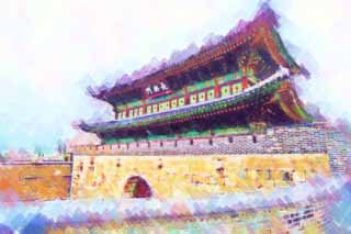 illustration,material,free,landscape,picture,painting,color pencil,crayon,drawing,The Chang'an gate, castle, flag, brick, castle wall