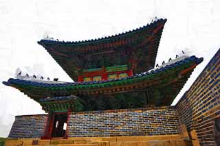 illust, materiale, libero panorama, ritratto dipinto, matita di colore disegna a pastello, disegnando,Il cancello di Chang'an, castello, bandiera, mattone, muro di castello