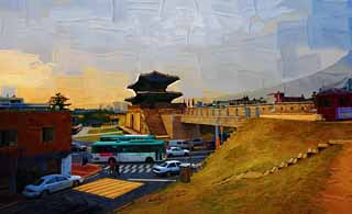 illust, material, livram, paisagem, quadro, pintura, lpis de cor, creiom, puxando,O porto de Chang'an, castelo, bandeira, tijolo, parede de castelo