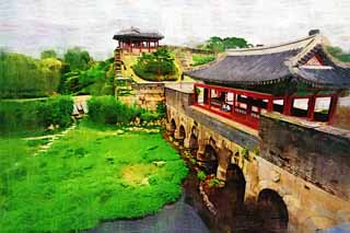 illust, material, livram, paisagem, quadro, pintura, lpis de cor, creiom, puxando,Sinterize porto de arco-ris e BangWhaSuRyuJung, castelo, rio, tijolo, parede de castelo
