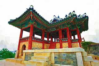 illust, material, livram, paisagem, quadro, pintura, lpis de cor, creiom, puxando,BangWhaSuRyuJung, castelo, torre de canto, tijolo, parede de castelo
