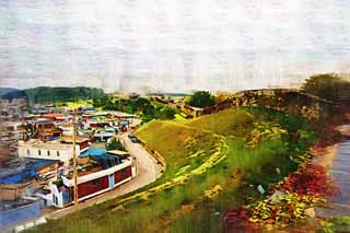 illust, materiale, libero panorama, ritratto dipinto, matita di colore disegna a pastello, disegnando,Il muro di castello di Fortezza di Hwaseong, castello, prenda a sassate pavimentazione, tegola, muro di castello