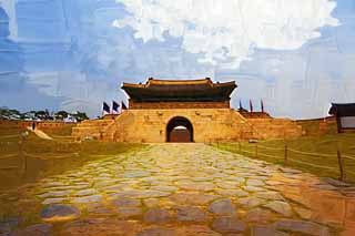 illust,tela,gratis,paisaje,fotografa,idea,pintura,Lpiz de color,dibujo,ChangRyong - puerta, Castillo, Bandera, Ladrillo, Pared de castillo