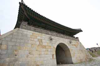 Foto, materiell, befreit, Landschaft, Bild, hat Foto auf Lager,Changryong-poort, Burg, Fahne, Backstein, Burgmauer
