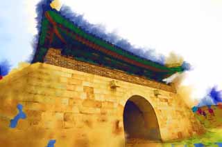 illustration,material,free,landscape,picture,painting,color pencil,crayon,drawing,ChangRyong-gate, castle, flag, brick, castle wall