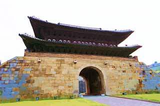 illustration,material,free,landscape,picture,painting,color pencil,crayon,drawing,The eight gate, castle, The south gate, brick, castle wall