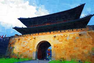 illustration,material,free,landscape,picture,painting,color pencil,crayon,drawing,The eight gate, castle, The south gate, brick, castle wall