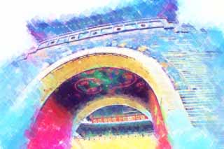 illust, materiale, libero panorama, ritratto dipinto, matita di colore disegna a pastello, disegnando,Il cancello del otto, castello, Il cancello meridionale, mattone, muro di castello
