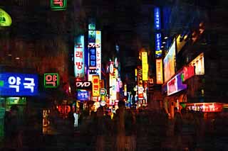 illustration,material,free,landscape,picture,painting,color pencil,crayon,drawing,Night of Jongno, Neon, signboard, restaurant, street