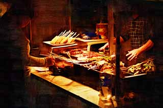illustration,material,free,landscape,picture,painting,color pencil,crayon,drawing,A night stand, stand, Spit-roasting, Meat, Tempura