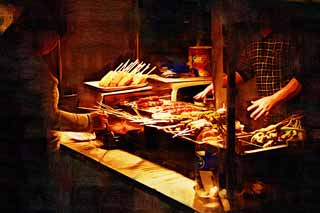 illust, material, livram, paisagem, quadro, pintura, lpis de cor, creiom, puxando,Um posto noturno, posto, Cuspir-ardente, Carne, Tempura