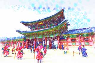 illustration,material,free,landscape,picture,painting,color pencil,crayon,drawing,Heunginjimun of Kyng-bokkung, gate built between the main gate and the main house of the palace-styled architecture in the Fujiwara period, Folk costume, The traditional royal guards, wooden building
