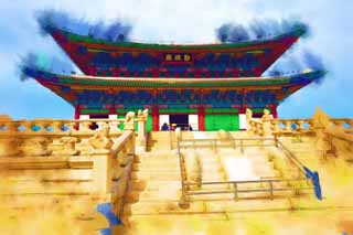 illustration,material,free,landscape,picture,painting,color pencil,crayon,drawing,Kunjongjon of Kyng-bokkung, wooden building, world heritage, Confucianism, Many parcels style