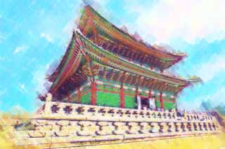 illustration,material,free,landscape,picture,painting,color pencil,crayon,drawing,Kunjongjon of Kyng-bokkung, wooden building, world heritage, Confucianism, Many parcels style