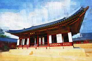 illustration,material,free,landscape,picture,painting,color pencil,crayon,drawing,Cheonchujeon of Kyng-bokkung, wooden building, world heritage, Confucianism, Many parcels style